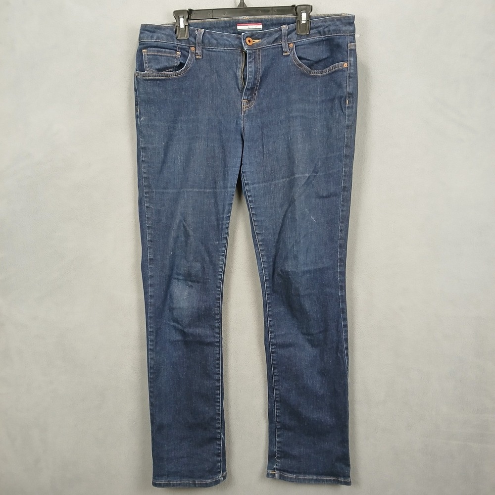 Tommy Hilfiger Straight Jeans Womens 12R Dark Blue Denim Whiskering Mid Rise